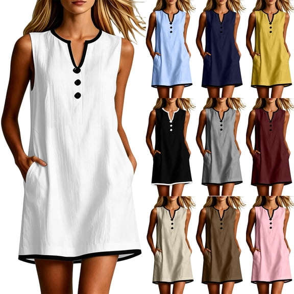 VBVC Women's Crew Neck Sleeveless Shift Dress,Color Block Trim Tunic Dress For Women,Ladies' Casual Button Detail Mini Dress with Pockets,White,S-2XL