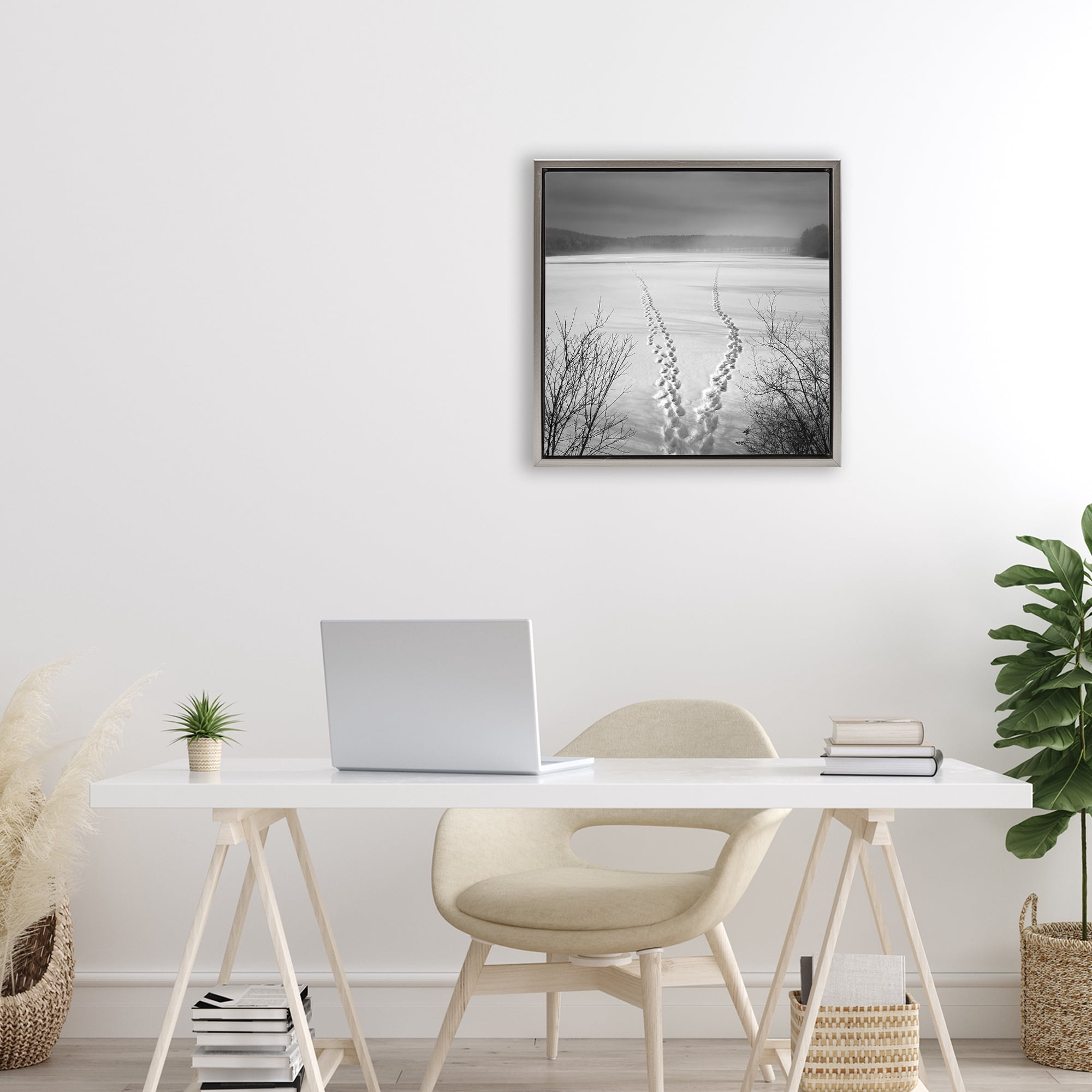 Stupell Industries Snowstep Tracks Across Frozen Lakes Gray Framed Floater Canvas Wall Art, design by Chip Forelli
