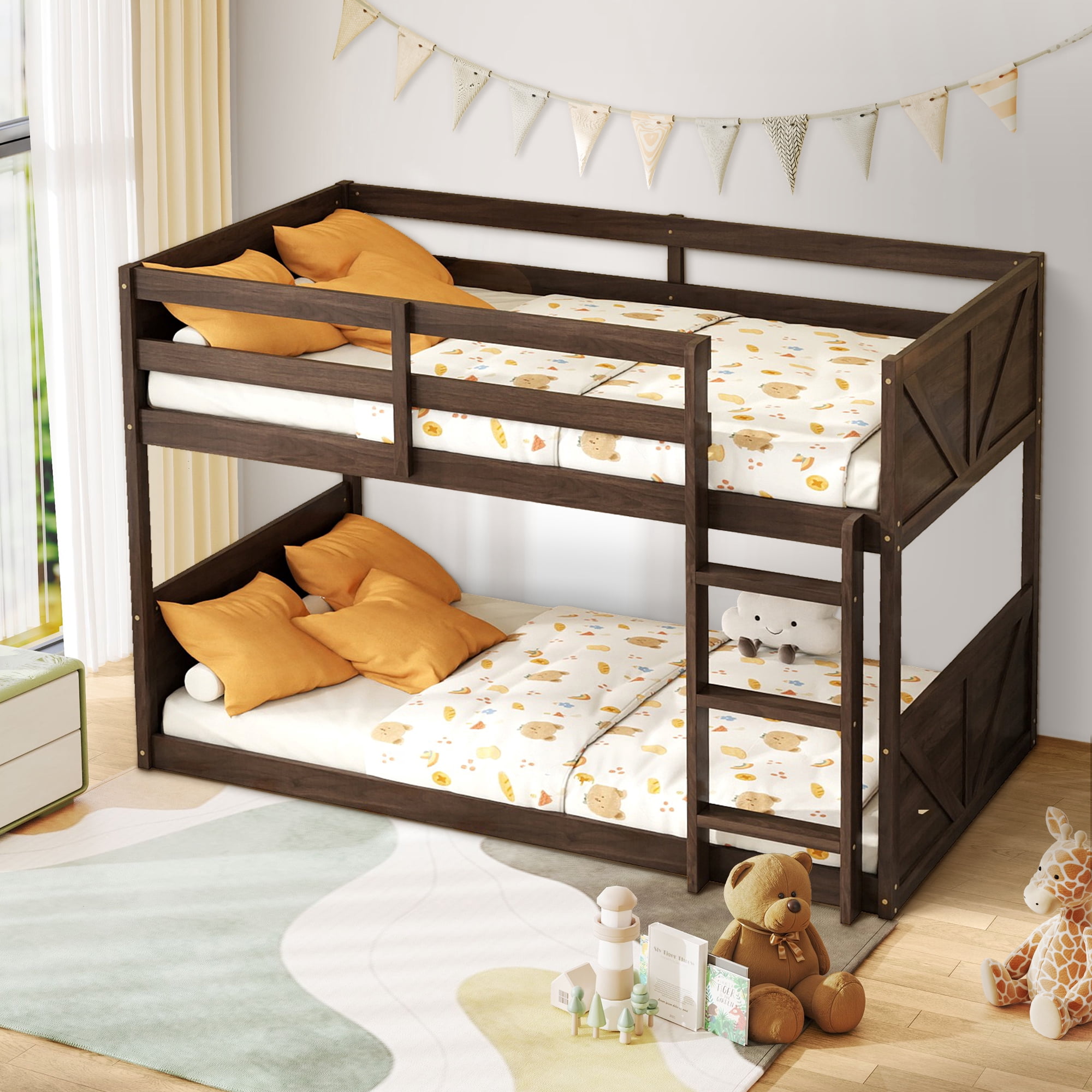 Aukfa Bunk Bed Twin over Twin, Heavy Duty Wood Bed Frame for Home/Dorm/Apartment, Brown