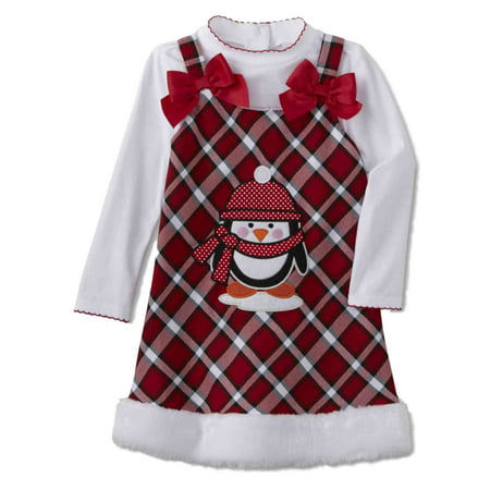 Youngland Infant Toddler Girls 2 PC Penguin Plaid Dress Outfit Jumper Shirt 4T