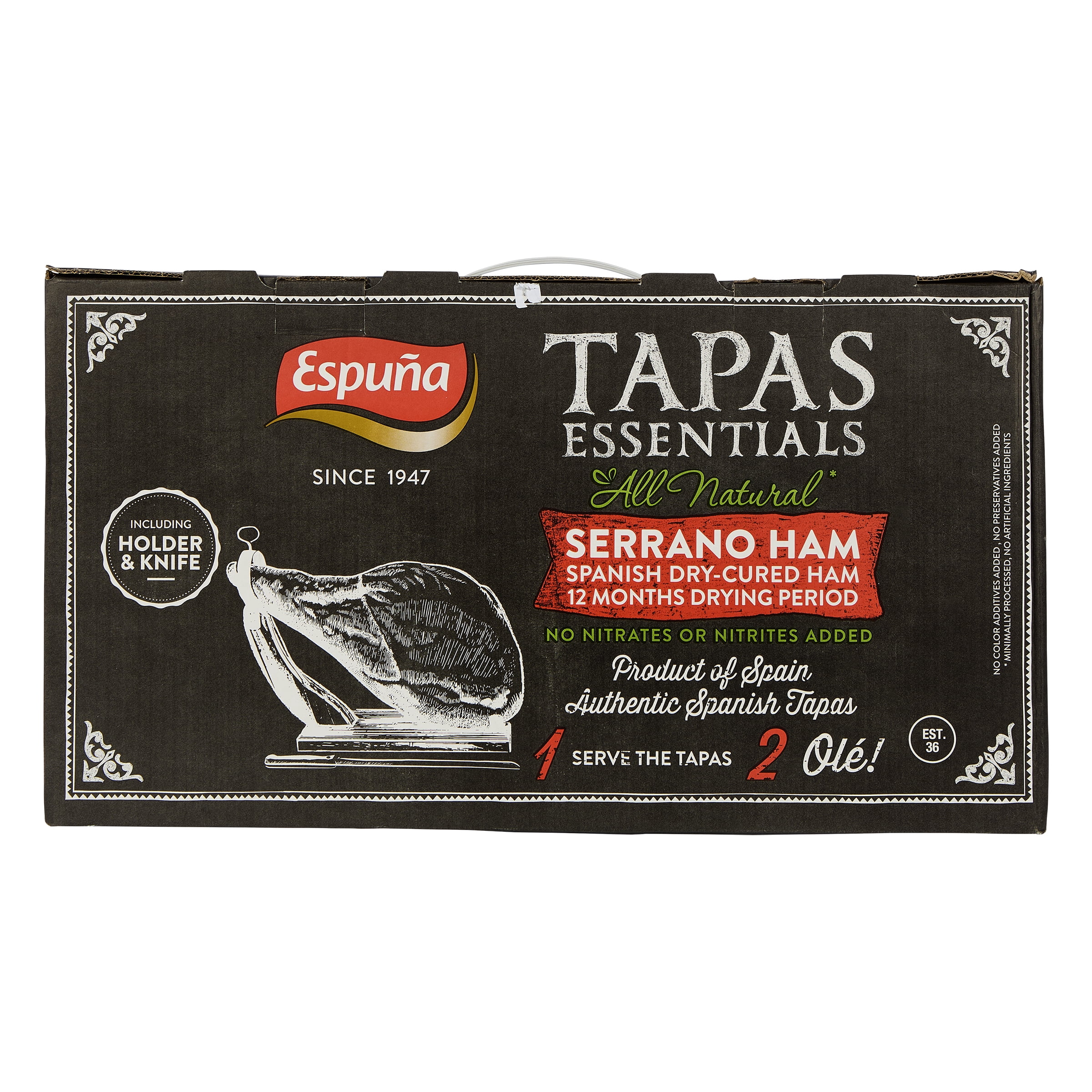 Upper Cut Whole Serrano Ham Leg in Box, 15.4lb with Wooden Stand and Carving Knife