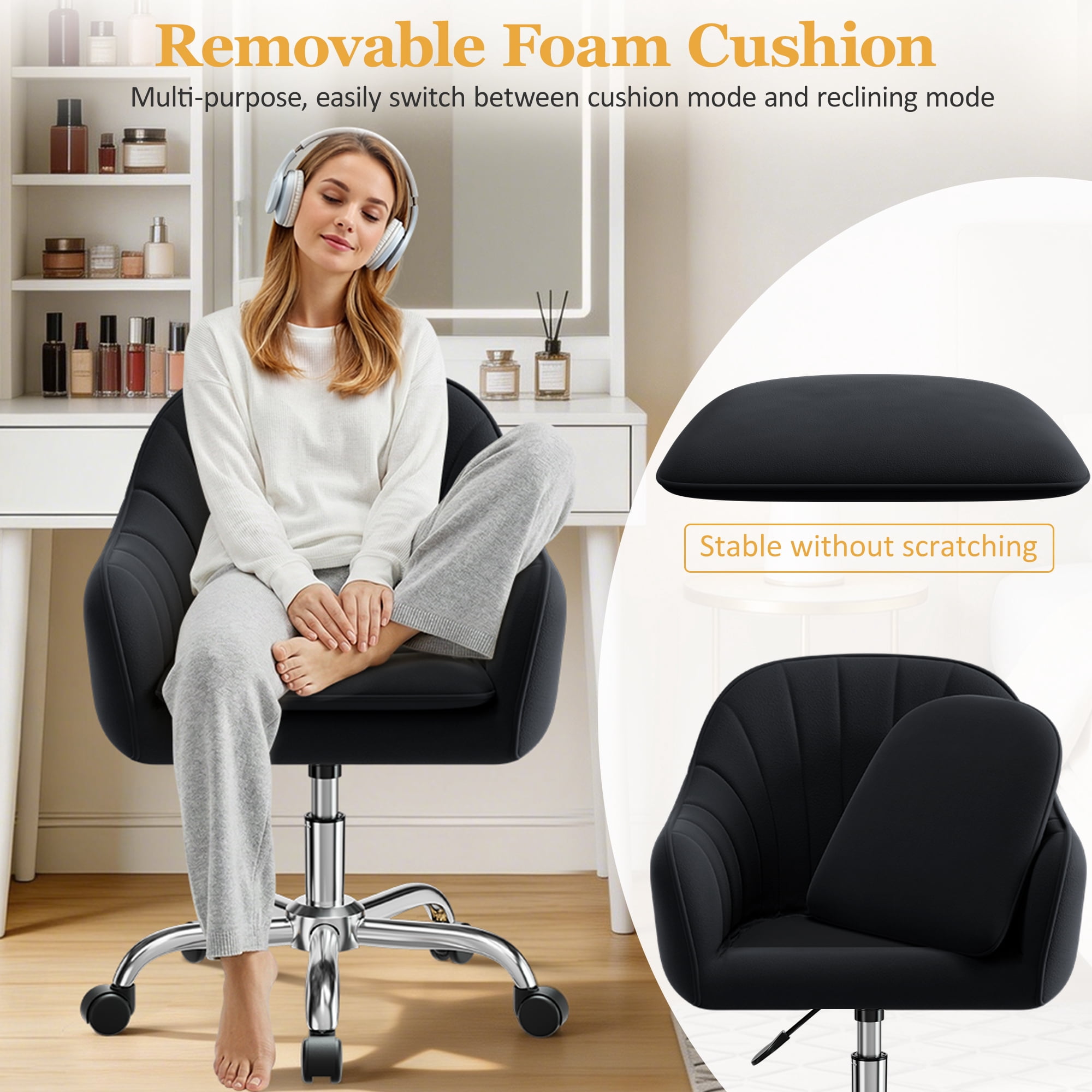 COOLHUT Office Desk Chair with Padded, Velvet Vanity Chair with Back and Wheels, Home Office Chiar with Sliver Legs, Height Adjustable, Rolling Chair for Vanity Room, Makeup Room, Bedroom, Black