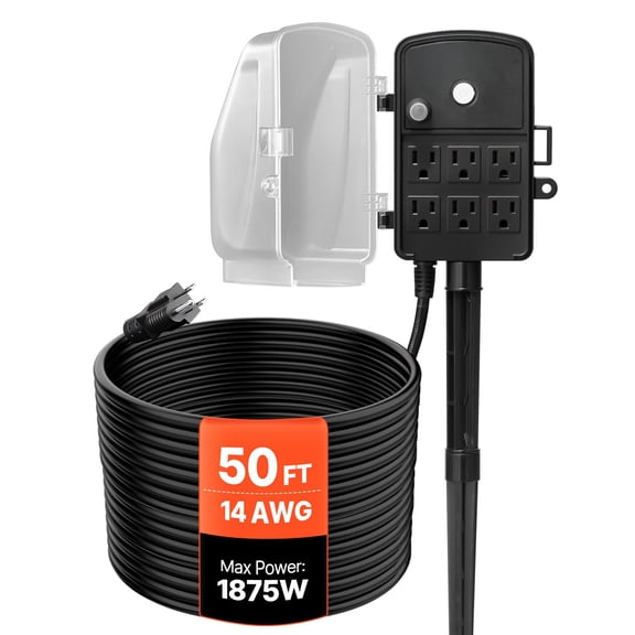 VEVOR Outdoor Power Stake, 50 FT Extension Cord, Outdoor Power Strip Weatherproof with Cover and Overload Protection, 6 Outlets, 15A/1875W, Waterproof Multi-Outlet Yard Stake for Christmas Lights
