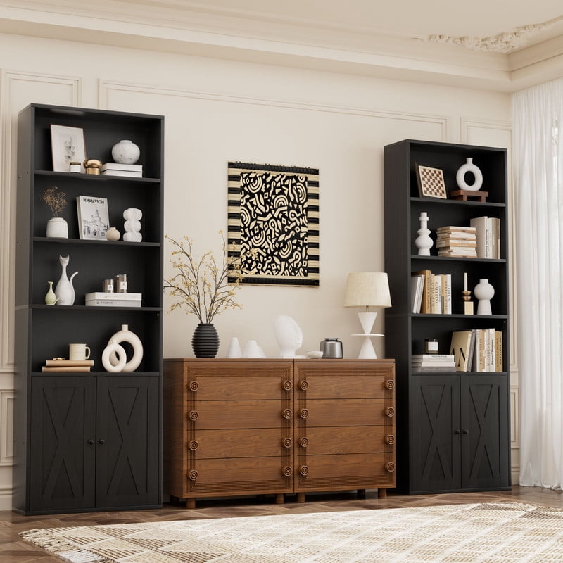 Walsunny Bookcase with Doors, 6-Tier Bookshelf with Storage, Farmhouse Bookshelves with Cabinet, Storage Display Shelf for Living Room Home Office, Black