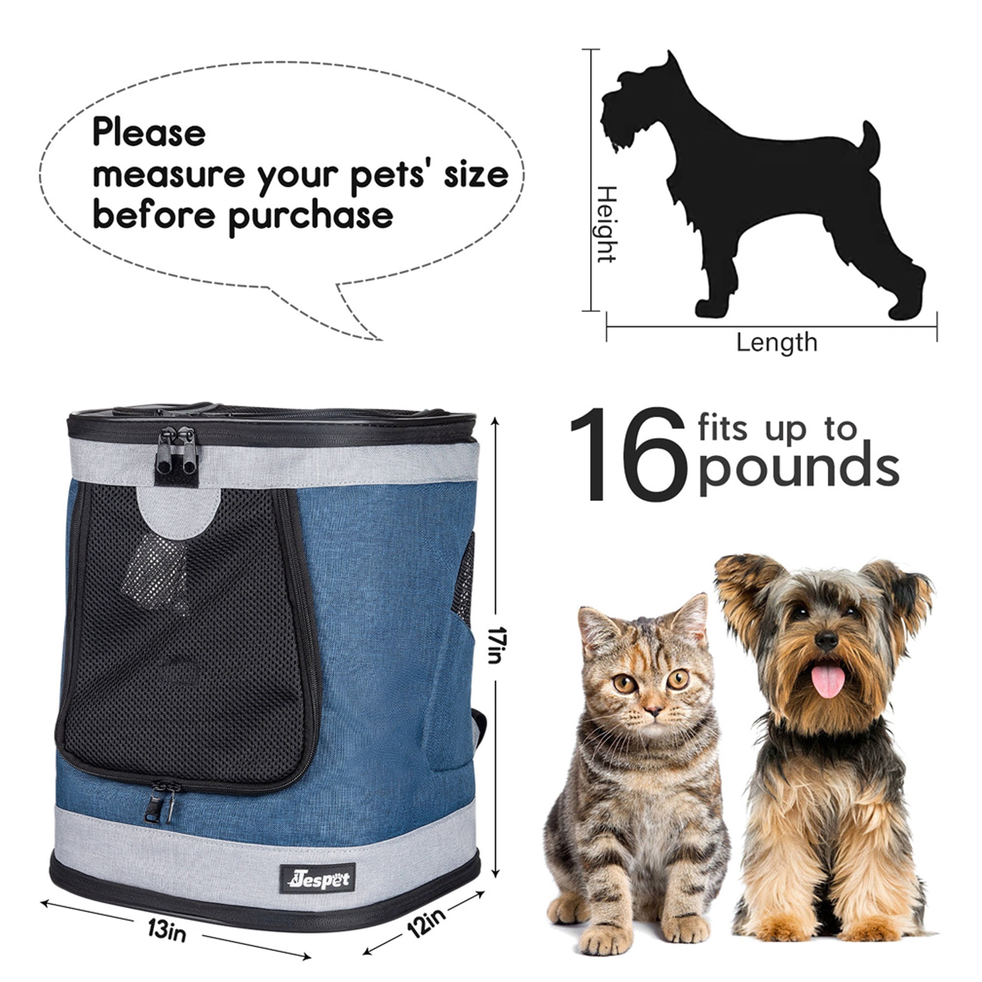 JESPET & GOOPAWS: Pet Soft Backpack Carrier - Blue Grey - 13", Small Dogs & Cats, Portable-Traveling-Hiking-Walking, Outdoor, Mesh Window, Ventilated