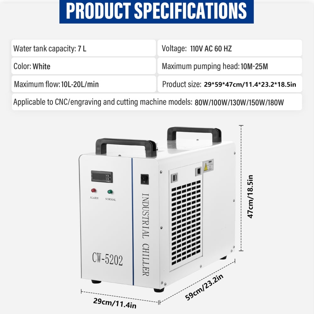 Water Cooling System, Industrial Chiller with 7L Tank, 2 Inlets/Outlets for 80W-180W Laser Engraving Machines, Viewing Window
