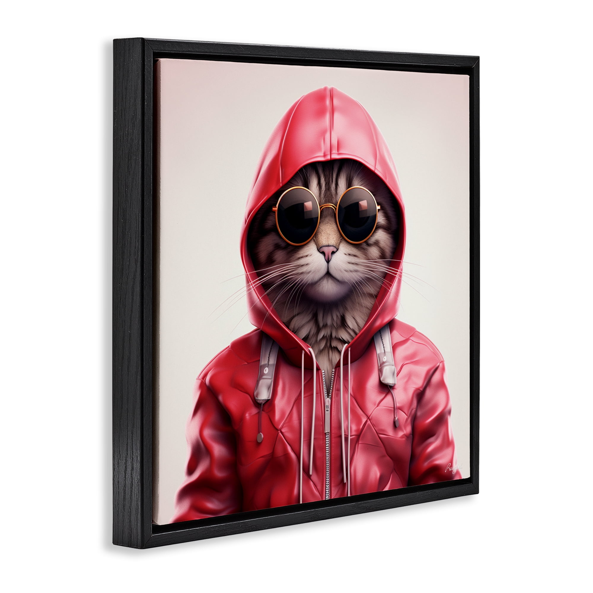 Stupell Industries Hipster Cat in Stylish Jacket Black Framed Floater Canvas Wall Art, design by Roozbeh