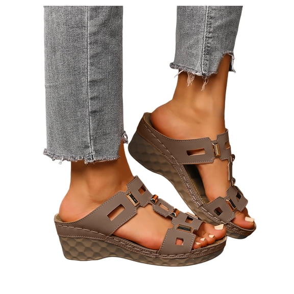 Rokment Orthopedic Wedge Dress Sandals for Women Trendy Casual Hollow out Leather Peep Toe Arch Support Platform Slip on Beach Summer Comfortable High Heels Slides Walking Shoes Brown Size 6