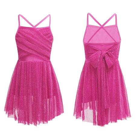 

TiaoBug Kids Girls Glittery Mesh Ballet Dress Latin Dance Gymnastics Leotard 4-16