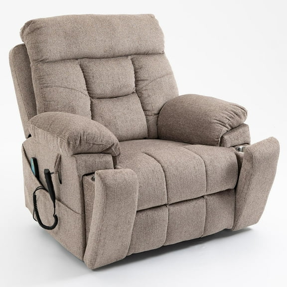 PAPROOS Wide Seat Lift Chair, Power Lift Recliner with Heating and Massage Function, Fabric Electric Reclining Sofa with 2 Remotes and 2 Cup Holders, Large Lift Chairs for Elderly Big Men, Light Brown
