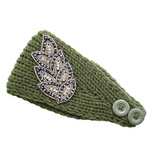 Crochet Headbands Winter Leaves Pattern with Rhinestones Elastic Head Protector Wide Warm Chunky Hair Accessories for Girls Dark Green