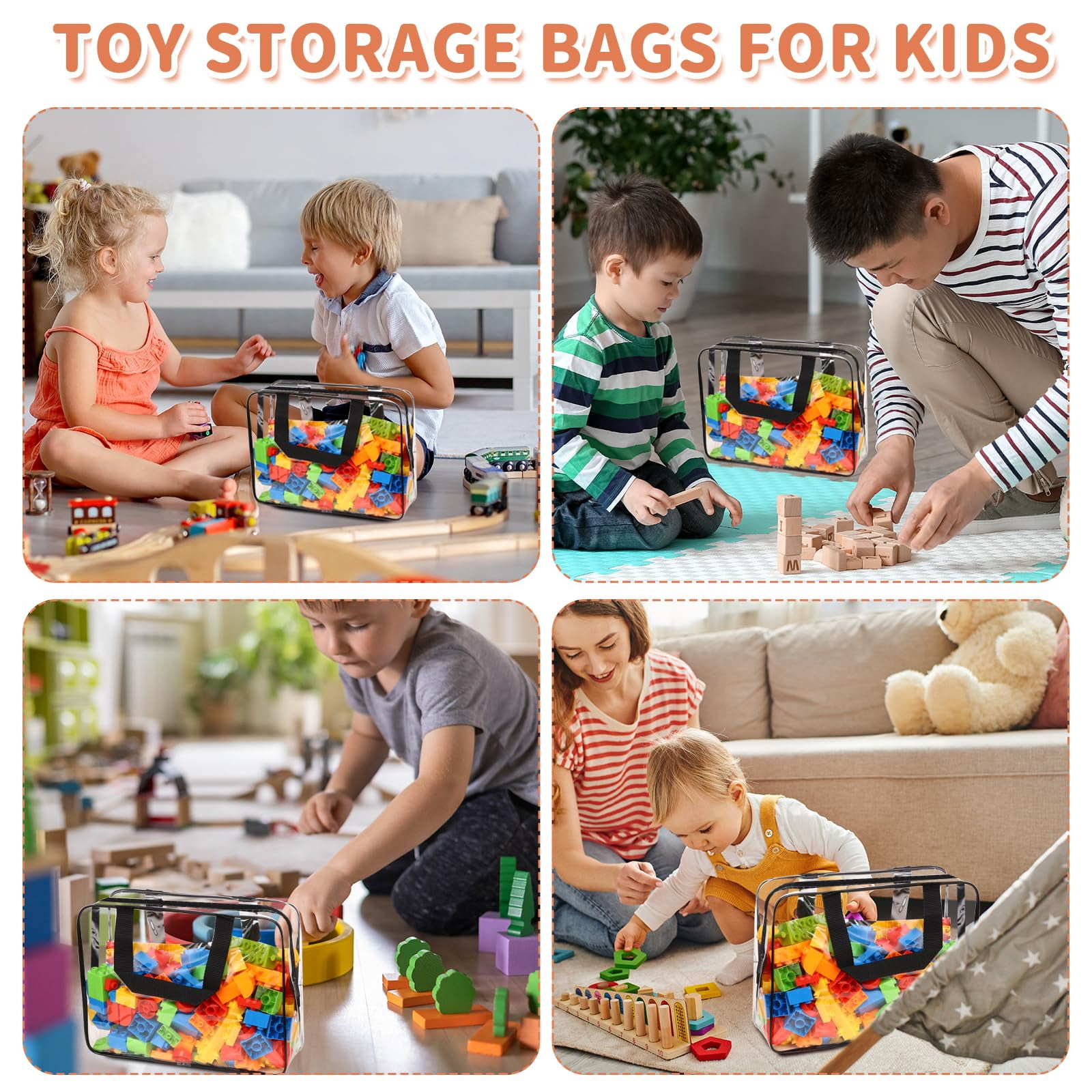 4 Pack Toy Storage Bags, Clear Zipper Bags for Organizing, Waterproof Toy Bags for Board Games, Building Blocks, Small Toys and Kids Books, Black