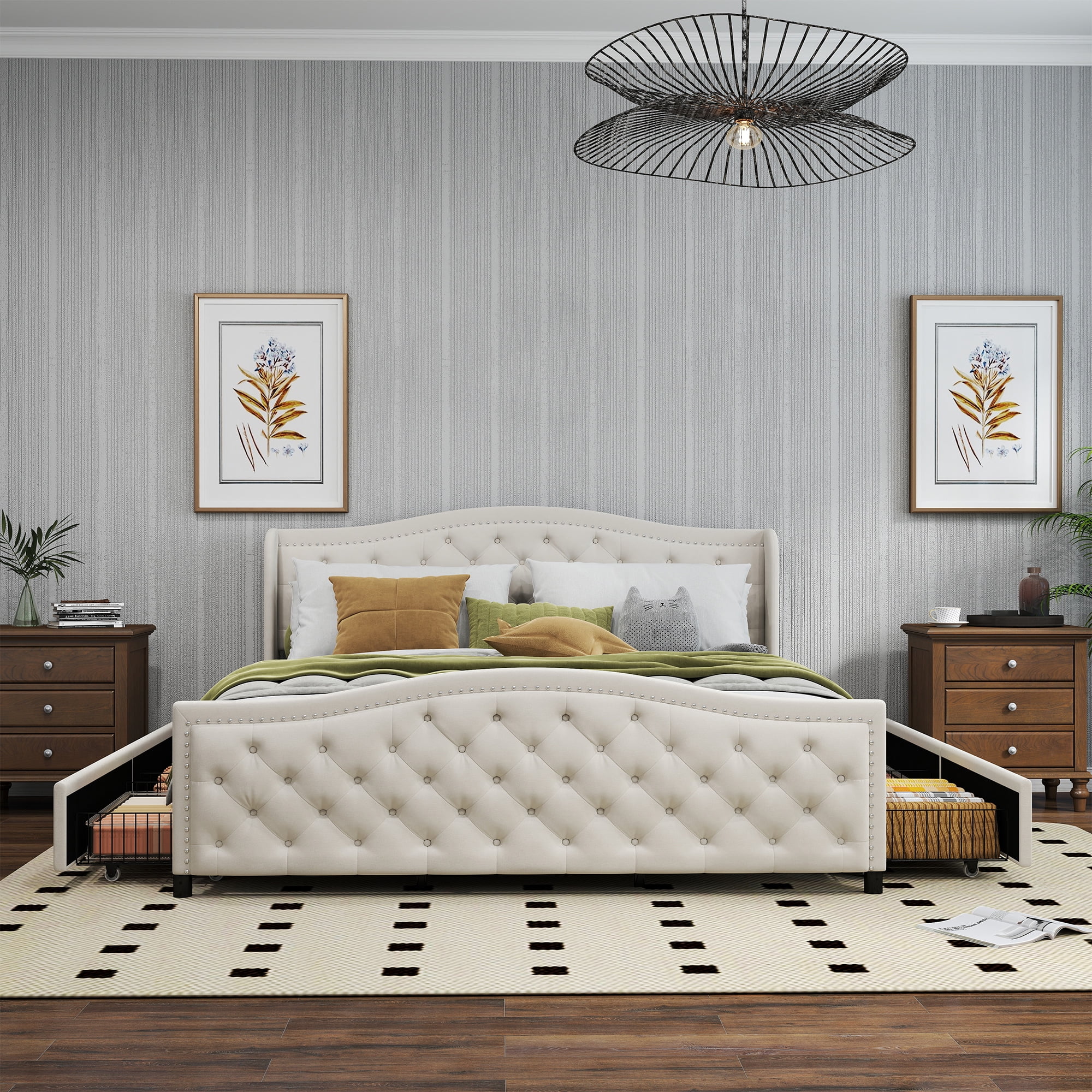 Bonzy Home King Size Bed Frame with Storage Velvet Upholstered Sleigh Bed with Headboard Button Tufted Easy Assembly Luxury