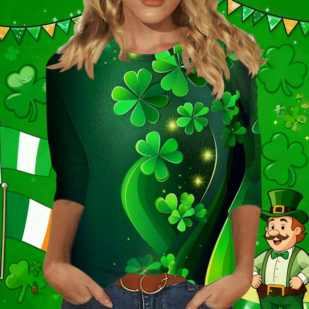 RKSTN St Patricks Day 3/4 Sleeve Tops for Women Oversized Crewneck St Paddy's Day Lucky Shamrocks Graphic Print T Shirt Womens Casual Solid Plus Size Round Neck Loose Three Quarter Sleeve Shirts