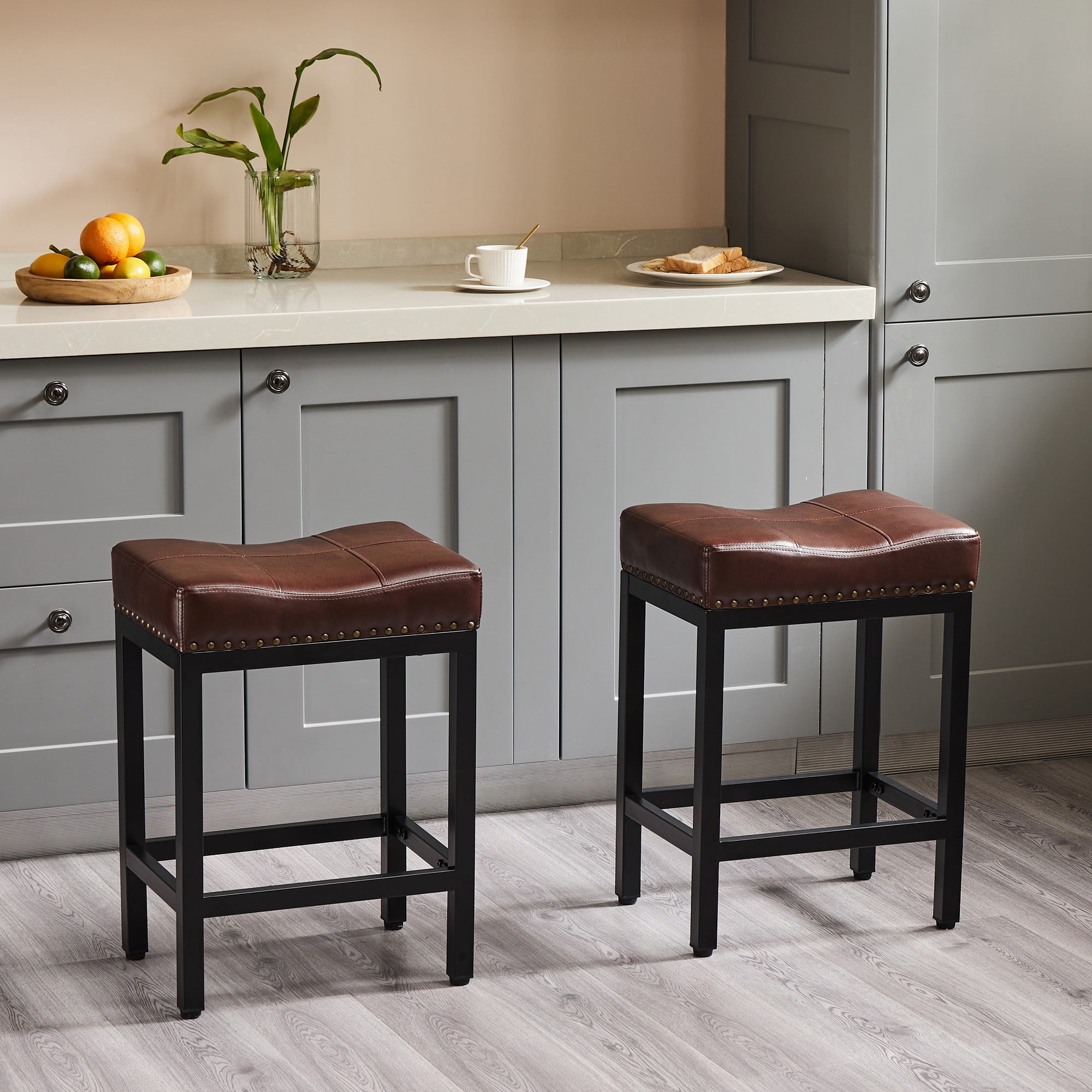 CONCETTA Set of 2 Bar Stools - 24in Counter Height, Metal Base & PU Leather Seats, Brown