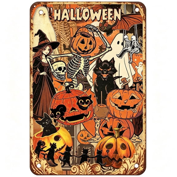 Vintage Halloween Aluminium Metal Wall Sign, Rustic Farmhouse Witch Black Cat Pumpkin Ghost Skeleton Wall Art, Retro Spooky Autumn Decorative Wall Hanging for Porch Yard Home Decor
