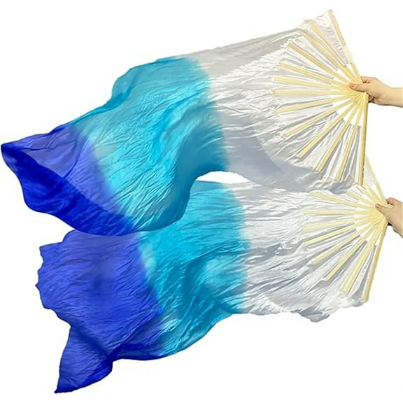 Duslogis 1 Pair Silk Belly Dance Fan, 1.5 Meters Belly Dance Silk Veil Fans Artificial Long Folding Silk Fans for Dancer Art Show Party (White-Light Blue-Dark Blue)