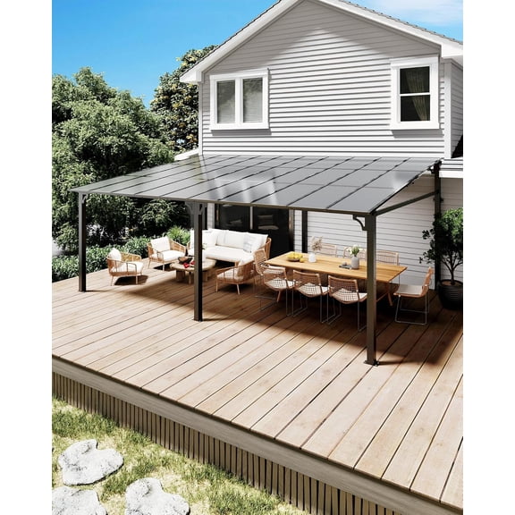 12x20 FT Gazebo for Patio, Wall Mounted Lean to Hardtop Gazebo Pergola with 6Mm Sloped Roof Heavy Duty Awnings for Porch, Decks, Backyard to Shade & Rain