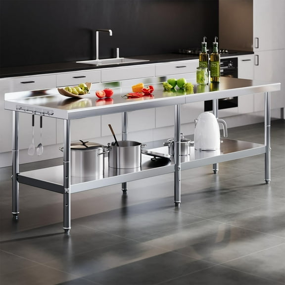 Jocisland 30x96in Stainless Steel Table, Kitchen Prep Table with Adjustable Undershelf, NSF Certified Metal Surface with Hooks for Kitchen, Restaurant