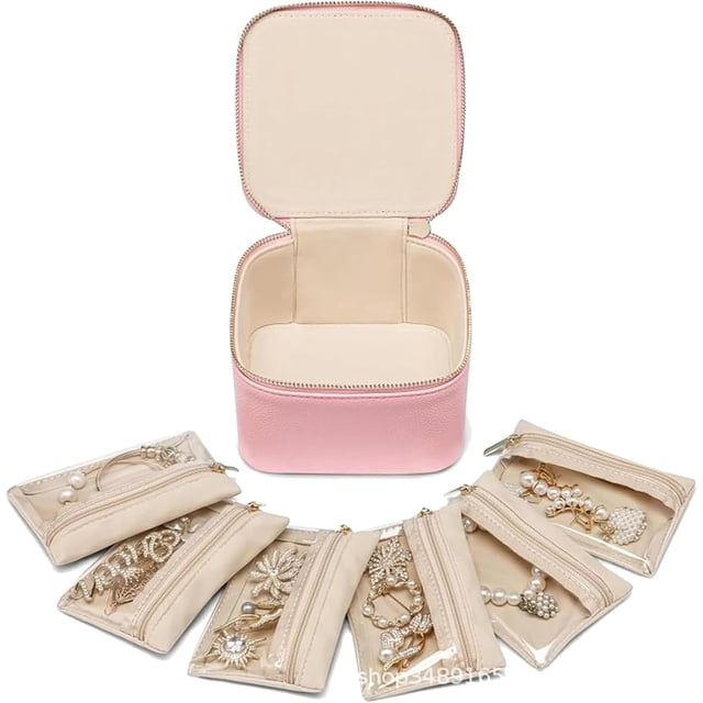Cajas de cuero para joyas para viajes con bolsas de terciopelo y cremallera para mujeres, estuche de viaje para joyas, estuche organizador de cuero portátil para joyas, estuche organizador de viaje pa