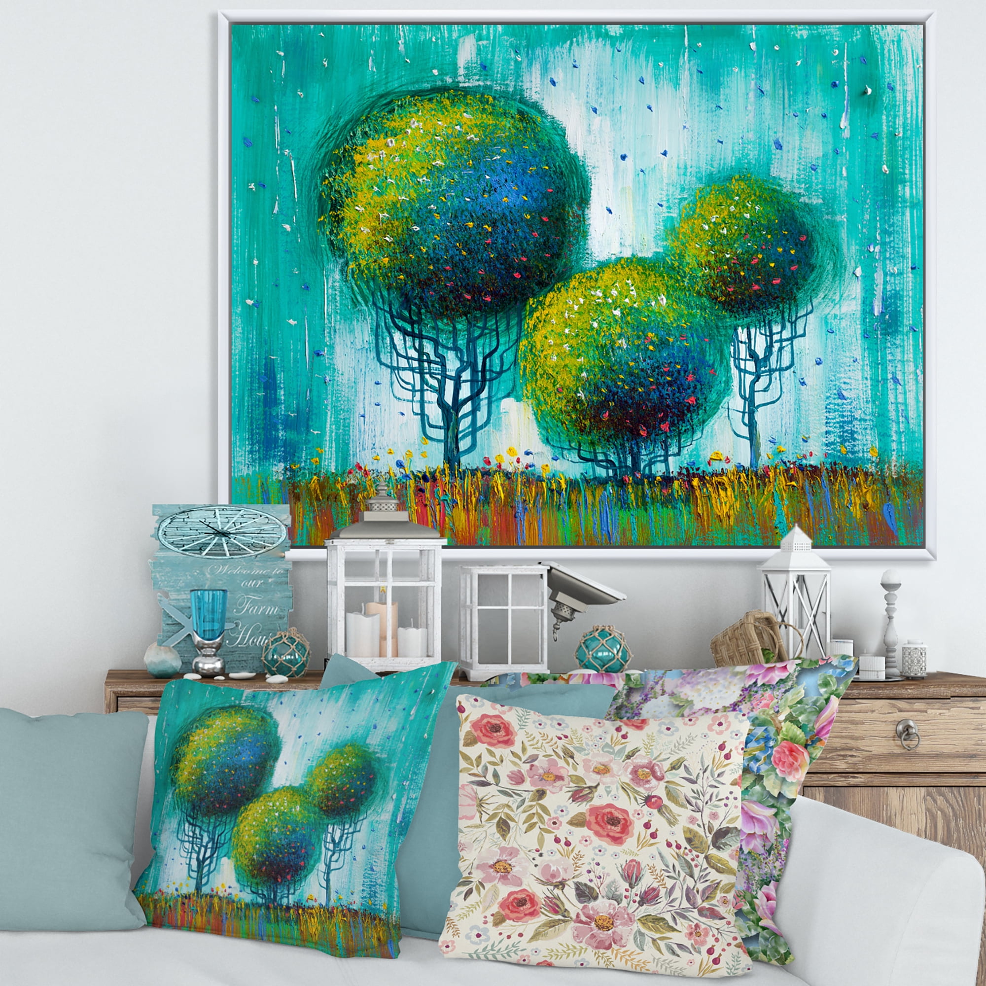 Designart 'Colourful Landscape Trees Impressionist II' Modern Framed Canvas Wall Art Print
