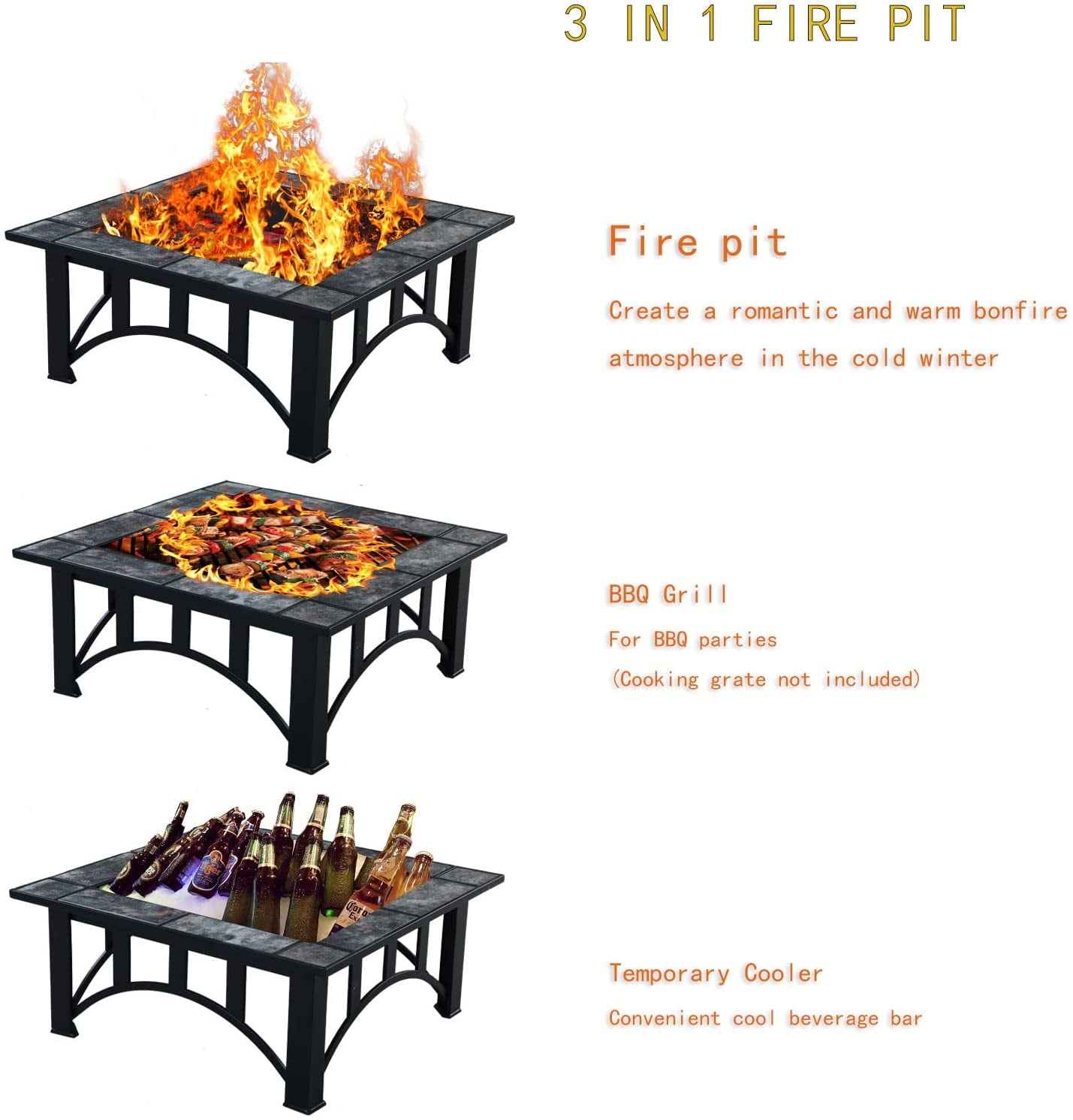Grand Patio 33" Square Ceramic Top Wood Burning Fire Pit Table with Spark Screen and Poker