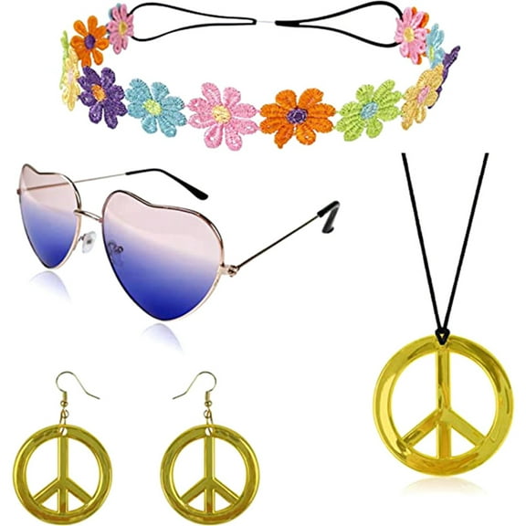 Halloween Hippie Costume Set Includes Peace Sign Necklace and Earrings, Flower Crown Headband and Hippie Sunglasses