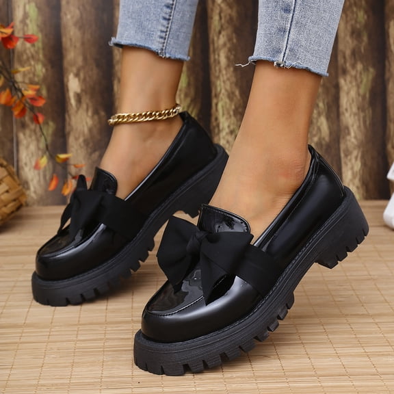 Vibrex Loafers for Women, Women's Patent Leather Bow Loafers Platform Sole Slip On Comfortable Black Burgundy Shoes Women's Shoes,Size:8.5