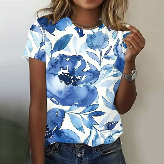 Odbmxy Womens Plus Size T Shirts Summer Short Sleeve Womens Tops Trendy Casual Relaxed Fit Floral Vacation Pullover Tops,Blue S