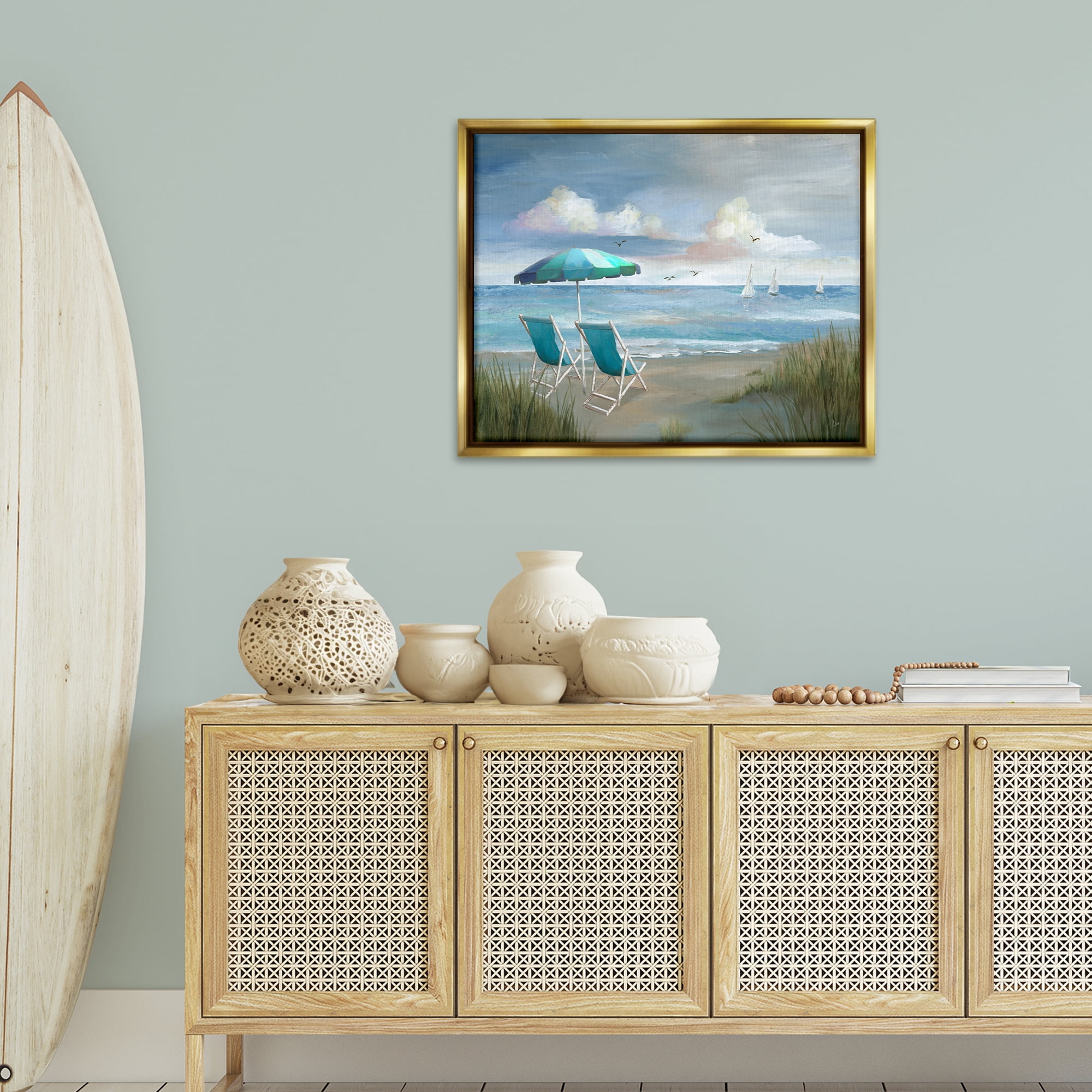 Stupell Industries Seagulls over Calm Beach Nautical & Beach Painting Gold Floater Framed Canvas Art Print Wall Art, 31 x 25