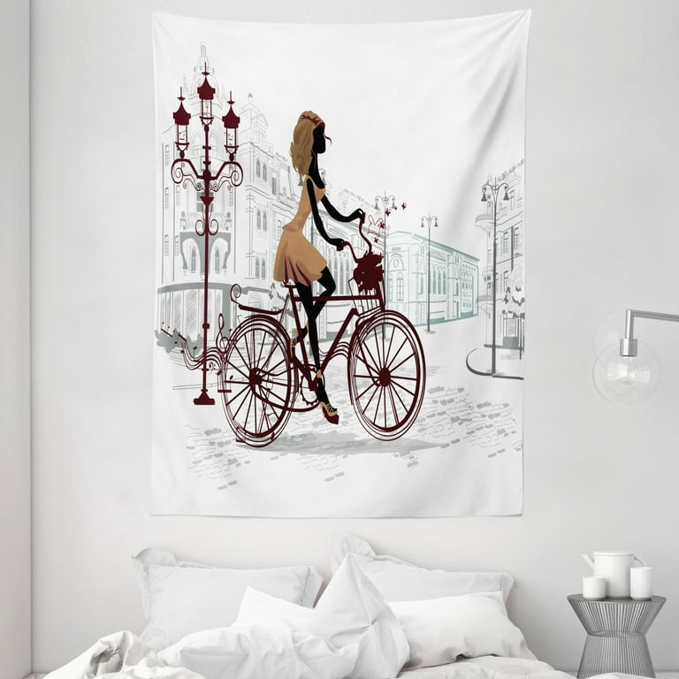 Teen Room Decor Tapestry Young Girl in Paris Streets with Bike French Display Wall Hanging for Bedroom Living Room Dorm Decor 60W X 80L Inches