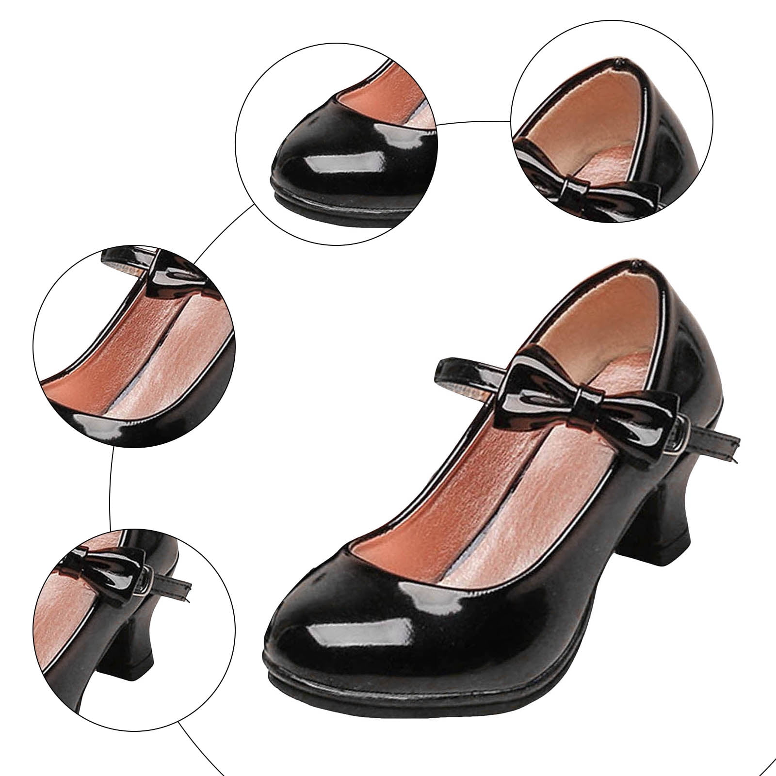 Quealent Girls Mary Jane Dress Shoes Pumps Low Heels Flower Party Wedding Princess Black for Size 9