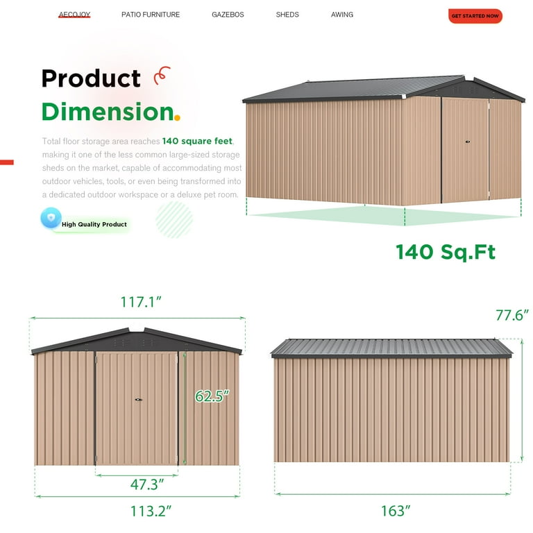 YODOLLA 10x14ft Outdoor Metal Shed, Weather Resistant, Spacious