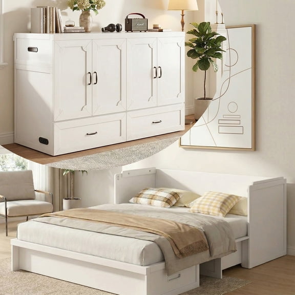Puremind Queen Size Murphy Bed with Mattress and Charging Station, Cabinet Bed with Storage Drawer, Murphy Bed Furniture for Bedroom/Office/Guest Room, White