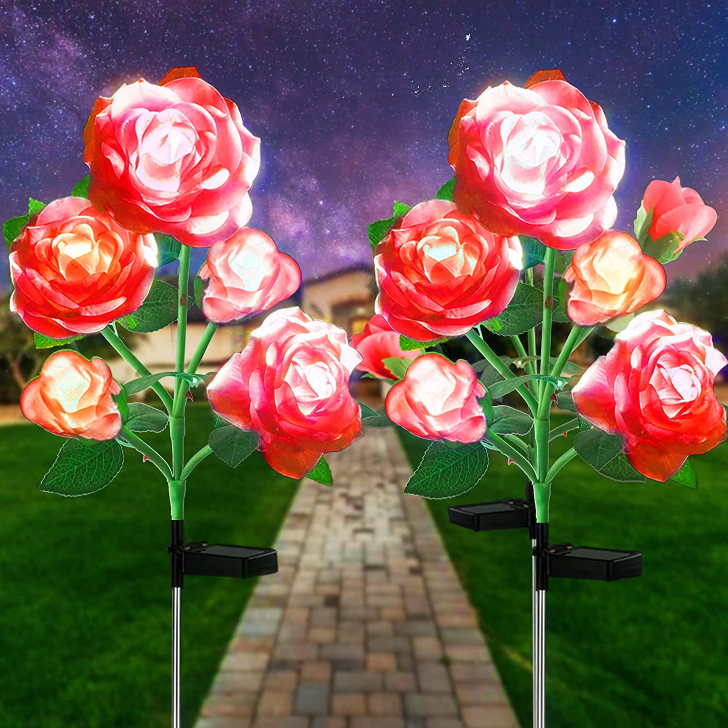 10 LED 7Color Changing Solar Rose Flower Lights Garden Decorations