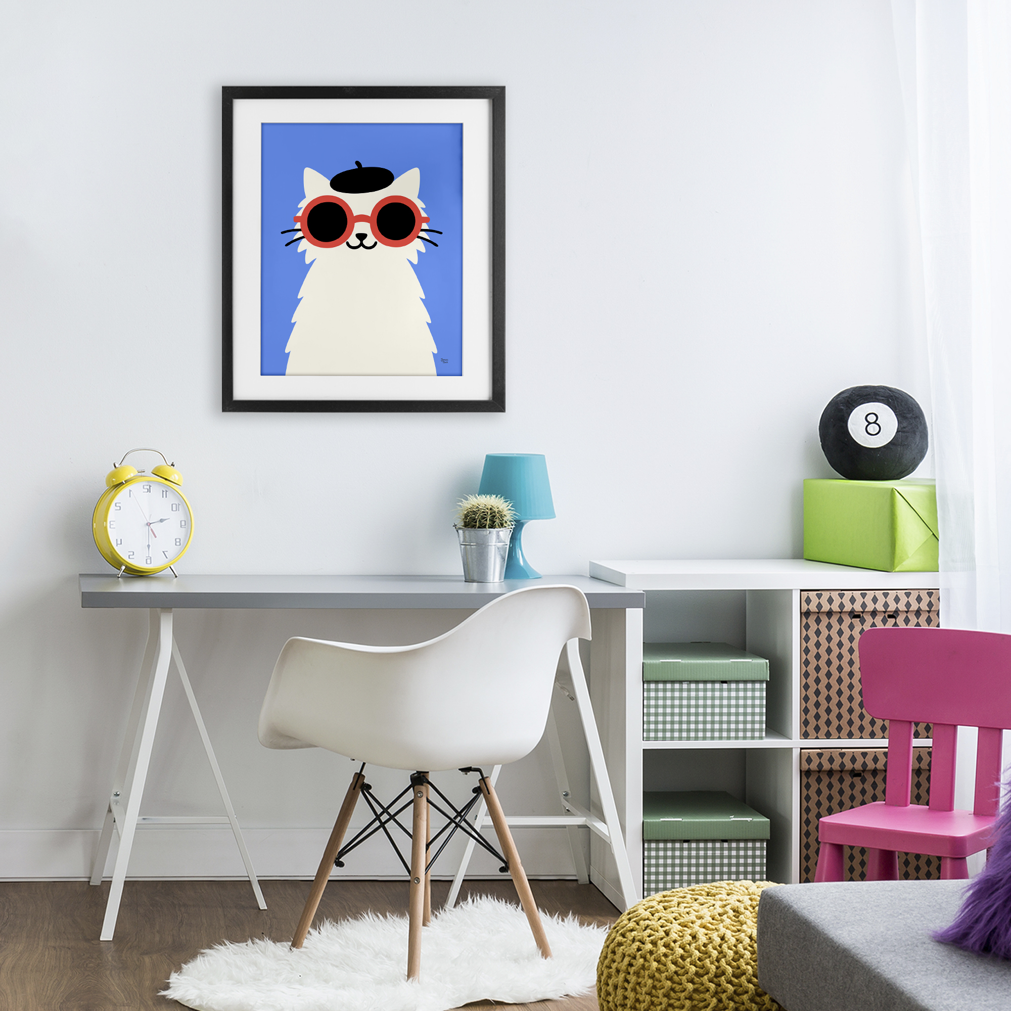 Stylish French Cat Black Framed Print Under Glass, design by Jessica Beck