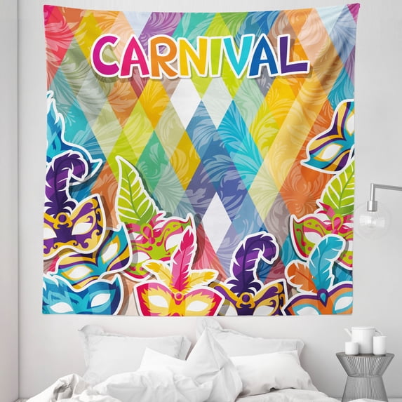 Mardi Gras Tapestry, Vibrant Joyful Celebration Composition Abstract Pattern Feathers Carnival, Fabric Wall Hanging Decor for Bedroom Living Room Dorm, 5 Sizes, Multicolor, by Ambesonne