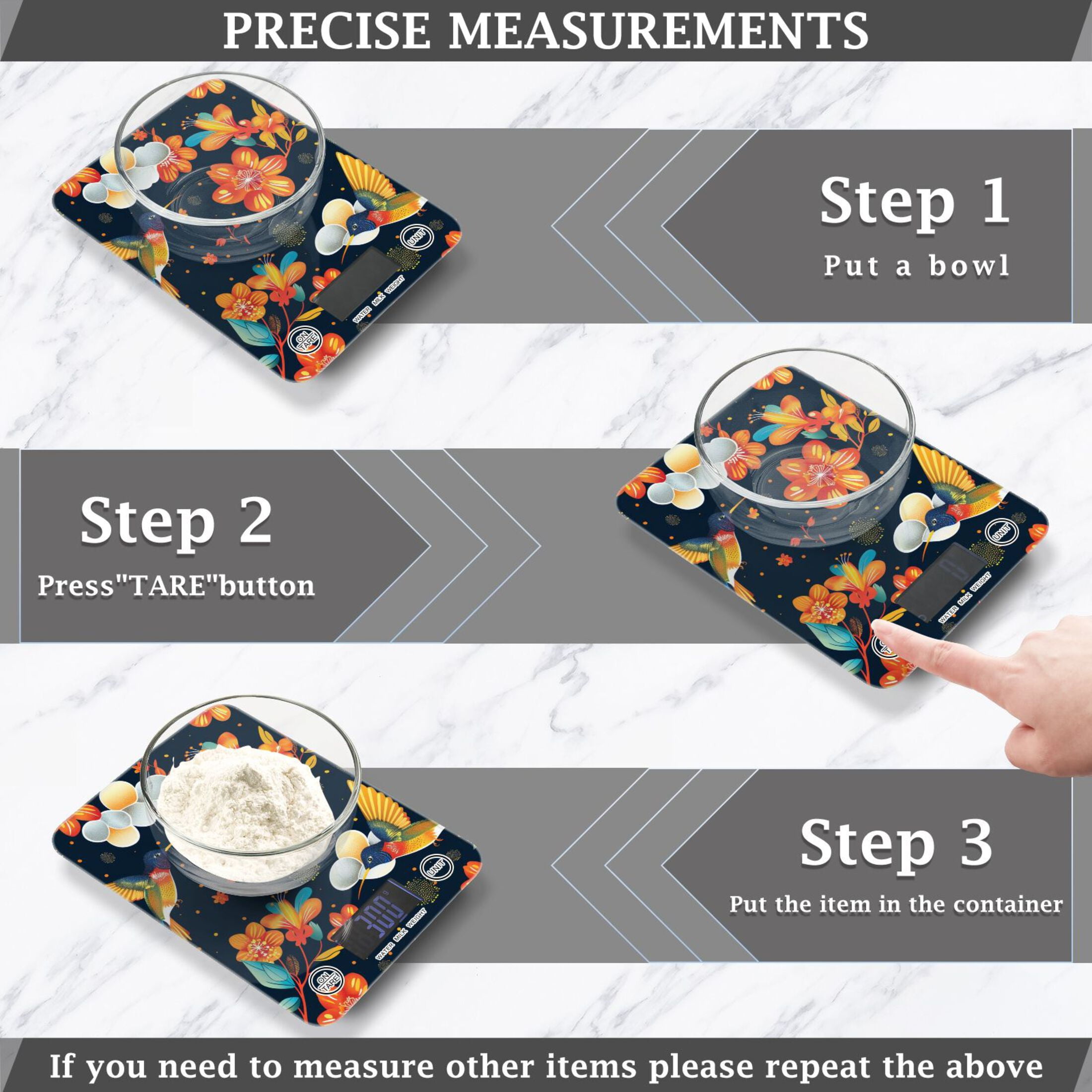 Birds with Flowers Food Scale Digital Kitchen Scale Waterproof Tempered Glass Tare Function 11 lb for Baking Cooking Meal Prep