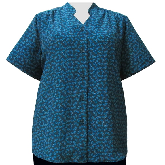 Women's Plus Size Short Sleeve Mandarin Collar V-Neck Button-Up Blouse with Shirring - Green Trinity - 2X
