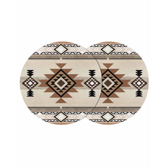Round Woven Placemats set of 2, Boho Washable&Heat Resistant Plastic Wipeable Placemats for Round Table Southwest Aztec Pattern Kitchen Dining Table Decor, 13in, Brown Beige