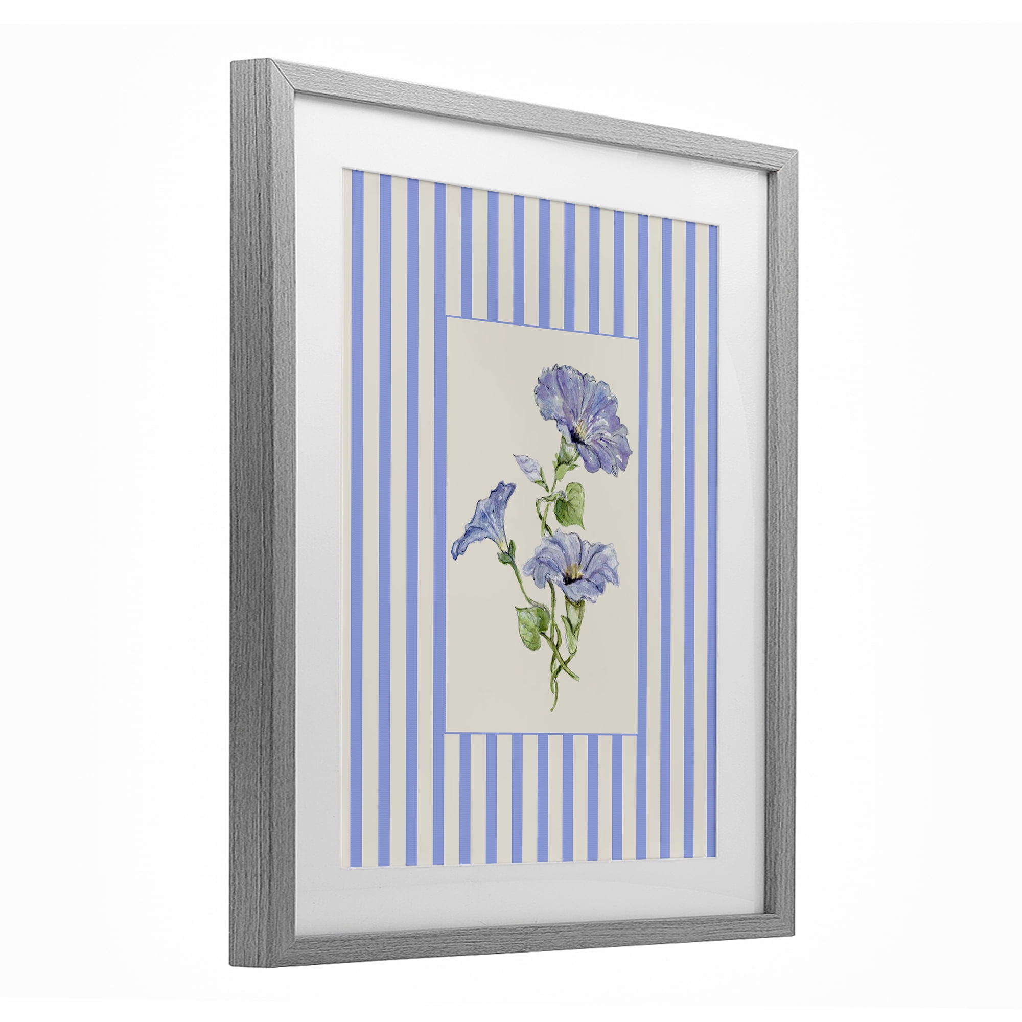 Blue Stripe Morning Glory Gray Framed Print Under Glass, design by Lisa Wehmeyer
