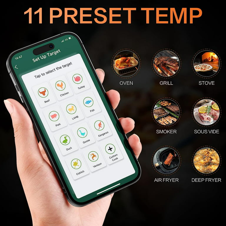 Smart Bluetooth Wireless Meat Probe Thermometer, Cincofelia Food Thermometer  with Wireless Range, APP Control, BBQ Meat Thermometer for Grilling 