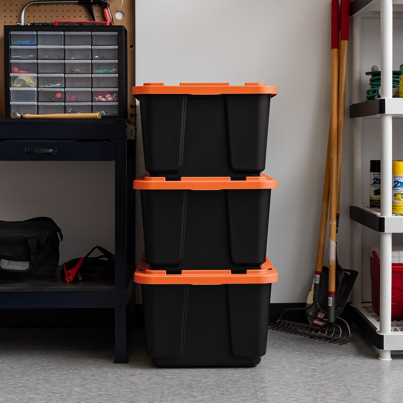 78 Qt. Stackble Storage Tote, with Heavy-duty Orange Buckles/ Lid, in Black  586543 - The Home Depot