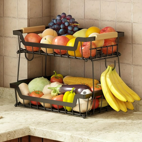 2-Tier Large Metal Fruit  Vegetable Storage Basket with 2 Banana Hangers, Detachable Rectangular Stand with Wooden Handle, Black Produce Organizer Bowls for Kitchen Restaurant Countertop