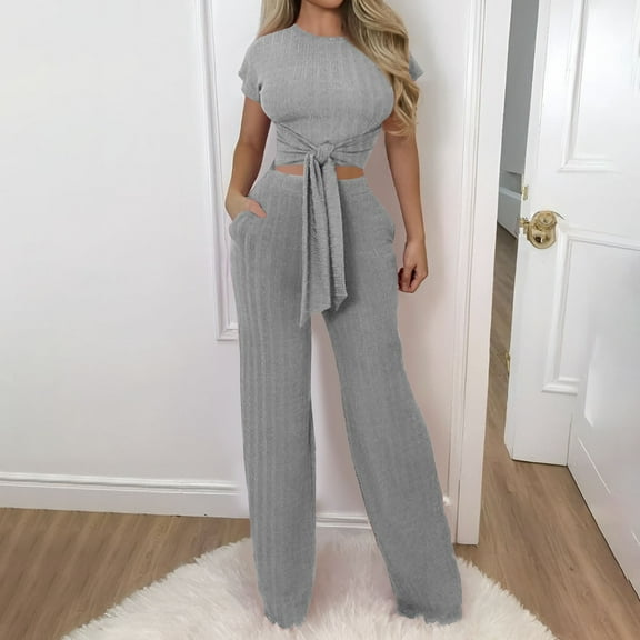 Women's Casual 2 Piece Outfits Round Neck Short Sleeve Stretchy Pullovers See Through Crop Tops Long Pant Sets Snow Overalls for Women Dressy Romper Young Work Outfits Pants Suit for Women Elegant for