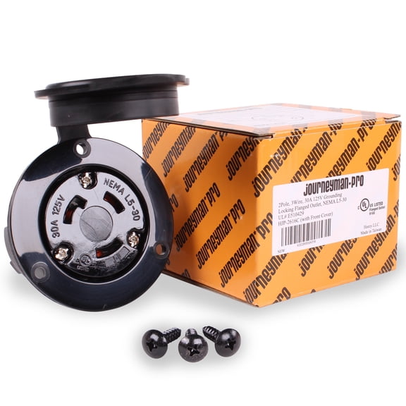 Journeyman-Pro HJP-2616C, NEMA L5-30R Flanged Outlet, 30 AMP 110/125 Volt, Locking Receptacle Socket, Black Industrial Grade, Grounding 3750 Watts