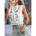 thumbnail image 3 of Women'S Floral Embroidery Lace Trim Blouse Mock Neck Sleeveless Holiday Crop Tops White XL, 3 of 6