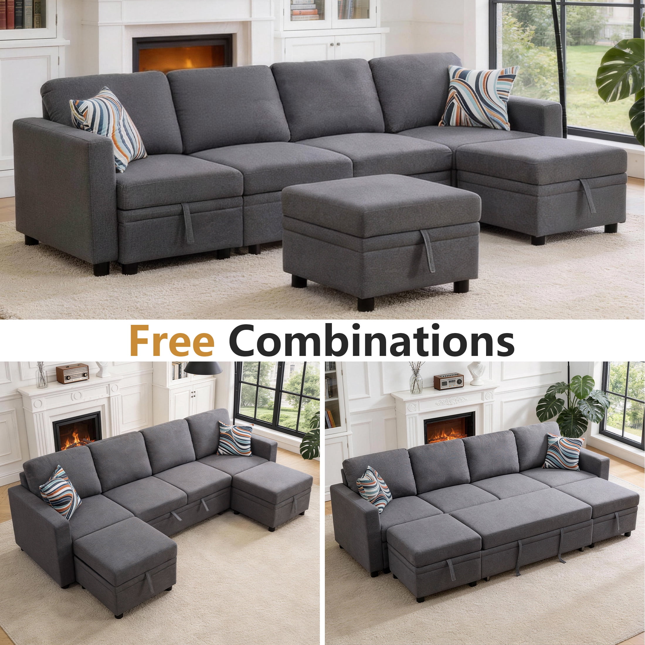 AENKYO 102" U-Shaped Sectional Sofa Bed, Linen Pull Out Sleeper Couch with Storage Seats for Living Room，Dark Gray