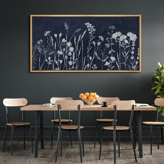 IDEA4WALL Extra Large Framed Canvas Print Wall Art Duotone Navy & White Vintage Floral Fine Art Retro Wildflowers Pattern Wall Decorative Oversized Artwork Relax/Calm for Room Decor - 60"x30"