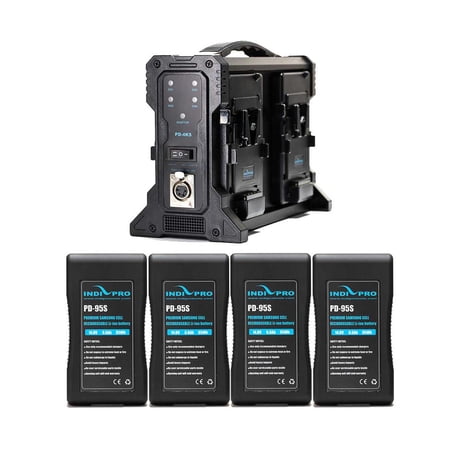 UPC: 0651748820254 | IndiPRO Four Compact 95Wh V-Mount Li-Ion Batteries and Quad Pro Battery Charger Kit